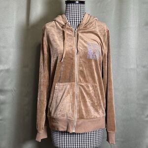 Vince Camuto Women's Velour Crush Camel Hooded Full Zip Jacket Rhinestones M
